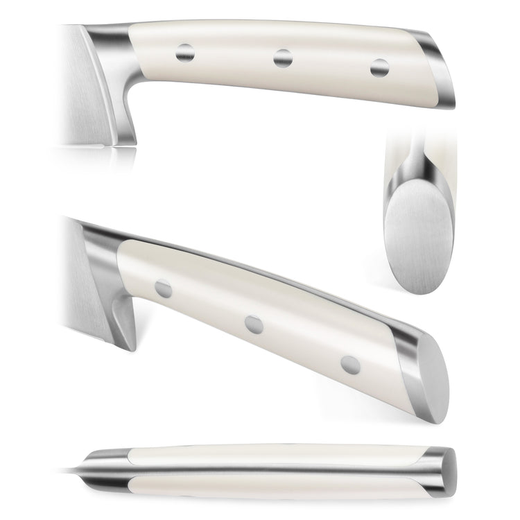 Close-up views of a cleaver knife handle with white grip, three rivets, and stainless steel bolster and end cap.
