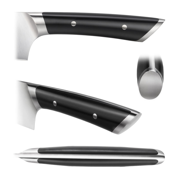 Close-up views of a knife handle showing black grip with metal rivets and polished metal accents.