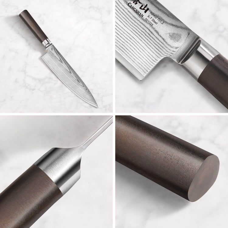 Japanese-style chef knife with a patterned blade and dark African Blackwood handle shown from multiple close-up angles.