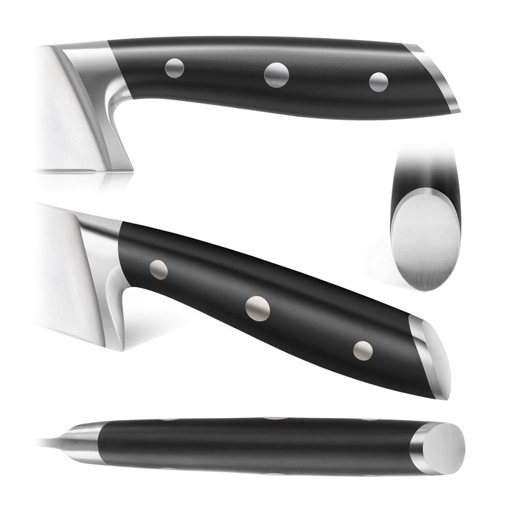 Black paring knife handle with three metal rivets and stainless steel bolster and end cap shown from multiple angles.