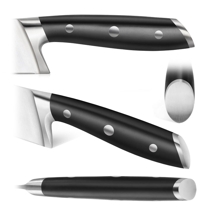 Black carving knife handle with three metal rivets and stainless steel bolster, shown from multiple angles.