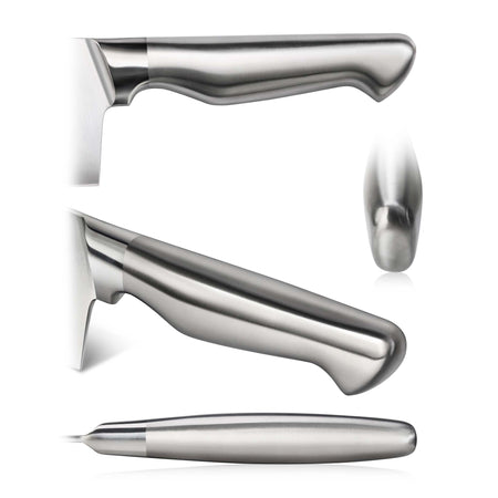 Stainless steel carving knife handle shown from side, top, and angled views, highlighting ergonomic design.