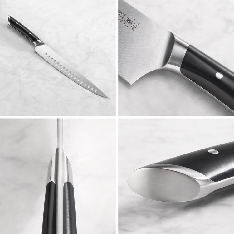Carving knife with black handle and stainless steel blade shown from multiple close-up angles on a light surface.