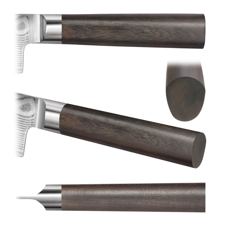 Close-up views of a knife handle made of dark African Blackwood with a smooth, rounded end and a metal bolster.