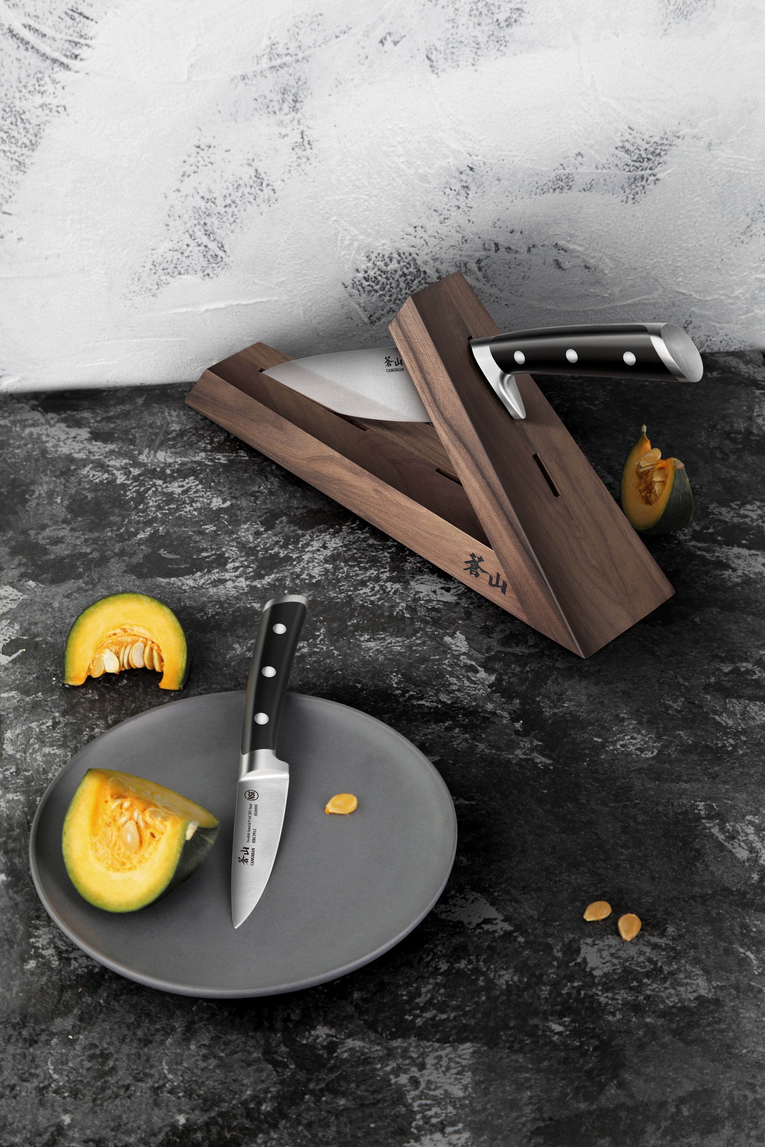 TS Series 3-Piece TAI Knife Block Set, Forged Swedish 14C28N Steel, Walnut Block, 1021417