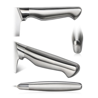 
                    
                      Stainless steel knife handle shown from side, angled side, and top views on white background.
                    
                  