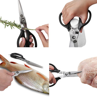 
                    
                      Heavy-duty kitchen shears cutting herbs, opening a bottle, scaling a fish, and trimming poultry.
                    
                  