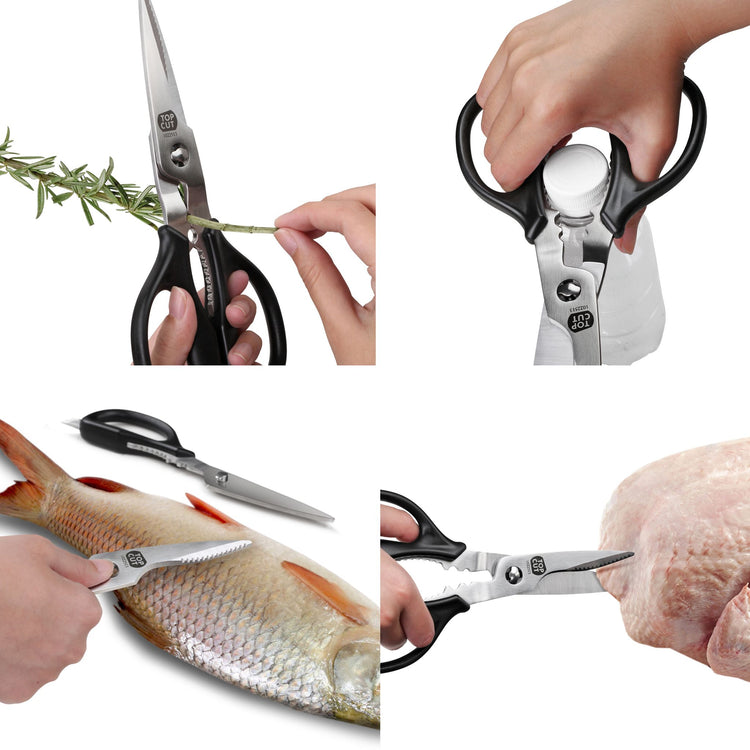 Heavy-duty kitchen shears cutting herbs, opening a bottle, scaling a fish, and trimming poultry.