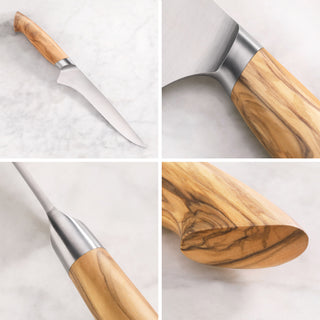 
                    
                      OLIV Series 6-inch boning knife with a curved stainless steel blade and olivewood handle shown from multiple angles.
                    
                  