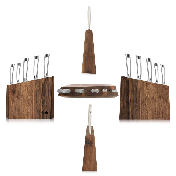 Six-piece knife block set with stainless steel knives and a walnut wood block shown from multiple angles.
