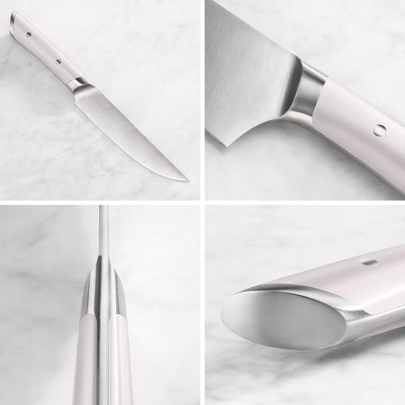 Four close-up views of a steak knife with a white handle and stainless steel blade on a marble surface.