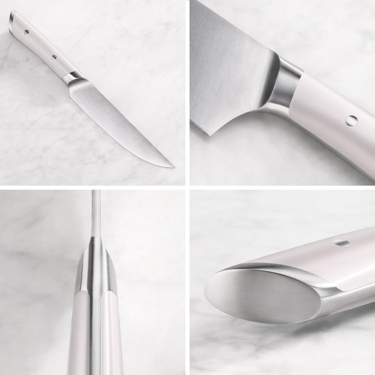 Four close-up views of a steak knife with a white handle and stainless steel blade on a marble surface.