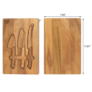 
                    
                      Rectangular acacia wood cheese board with cutouts holding three olive wood cheese knives, dimensions 11.81 by 7.83 inches.
                    
                  