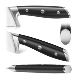 
                    
                      Black chef knife handle with three metal rivets and stainless steel bolster, shown from multiple angles.
                    
                  