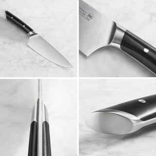 
                    
                      8-inch chef's knife with black handle and stainless steel blade shown from multiple close-up angles.
                    
                  