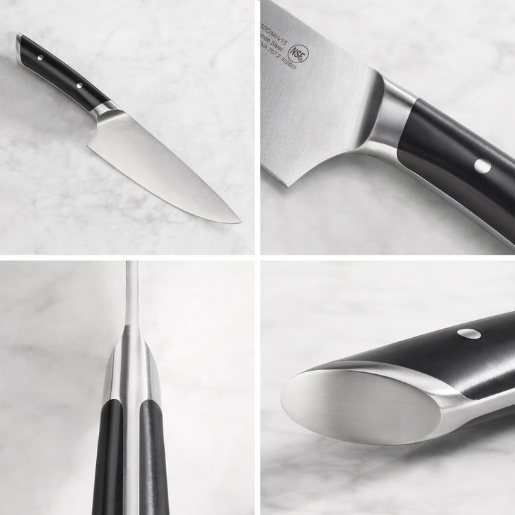 8-inch chef's knife with black handle and stainless steel blade shown from multiple close-up angles.