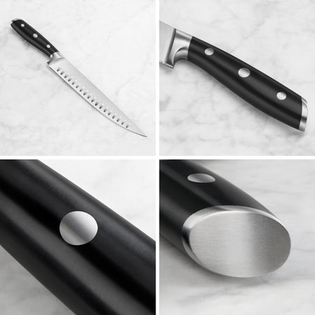 Black carving knife with a curved blade featuring oval indentations and a handle with three metal rivets.