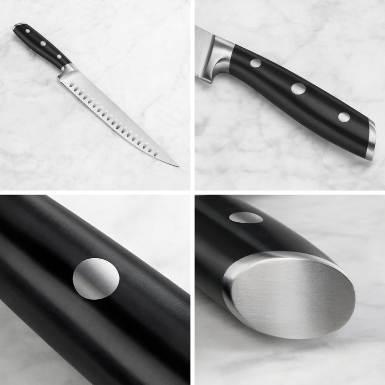 Black carving knife with a curved blade featuring oval indentations and a handle with three metal rivets.