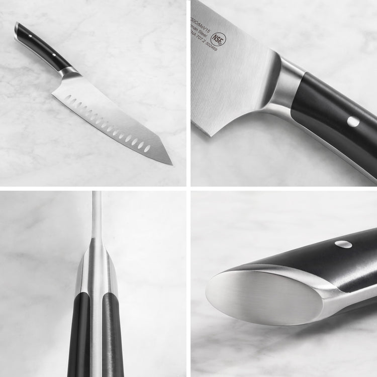Santoku-style kitchen knife with black handle and hollow edge blade, shown from multiple close-up angles on a light surface.