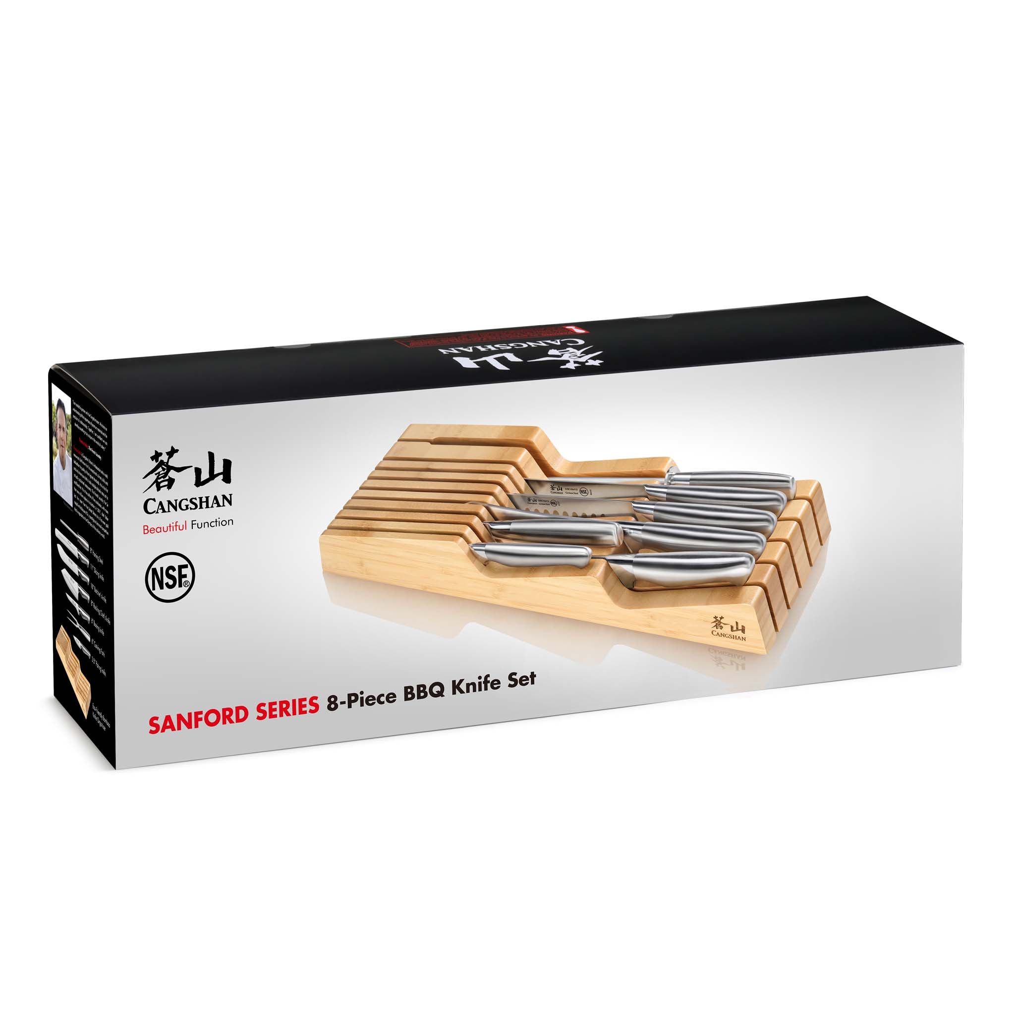 SANFORD Series 8-Piece BBQ Knife In-Drawer Set, Forged German Steel, Bamboo Tray, 1027143