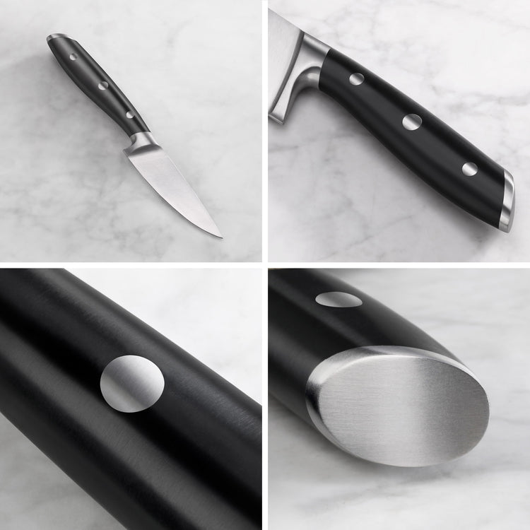 ALPS Series 3.5-inch paring knife with black handle, forged German steel blade, and metal rivets on handle.