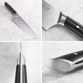 
                    
                      Chef's knife with black handle and stainless steel blade shown from multiple angles on a white surface.
                    
                  