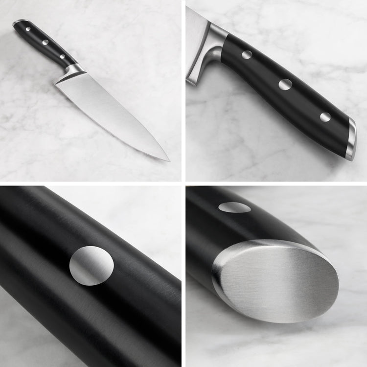 8-inch chef knife with black handle, three rivets, and stainless steel bolster and end cap on marble surface.