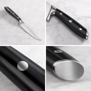 
                    
                      Steak knife with black handle and three metal rivets shown from multiple close-up angles on a marble surface.
                    
                  