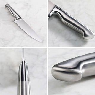 
                    
                      Chef knife with stainless steel handle shown from multiple close-up angles on a marble surface.
                    
                  