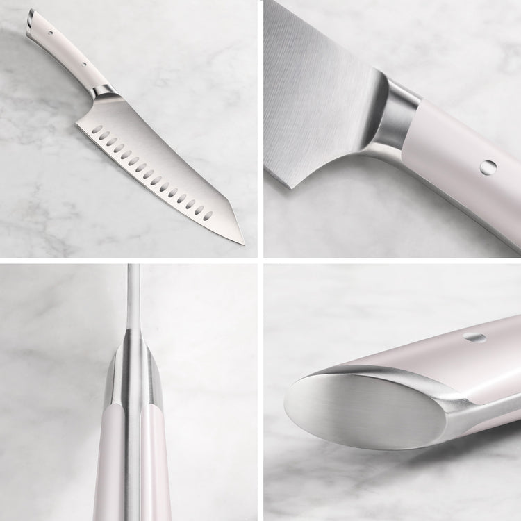 Close-up views of a stainless steel knife with a white handle, showing blade edge, handle joint, spine, and butt end.