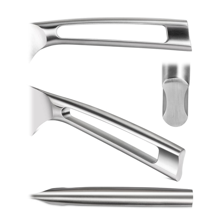 Close-up views of a stainless steel knife handle with a hollowed-out center and a rounded end.