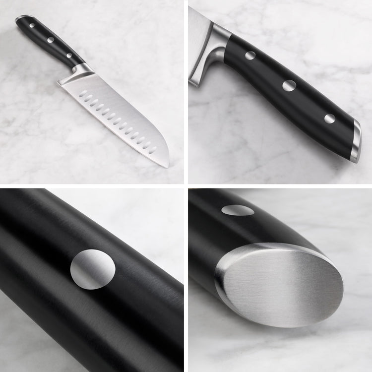 7-inch Santoku knife with black handle, three rivets, and a hollow edge blade on a marble surface.