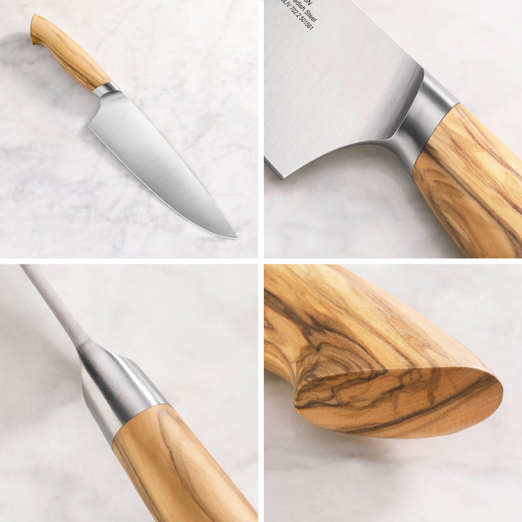 Chef knife with forged steel blade and smooth HUA maple wood handle shown from multiple close-up angles.