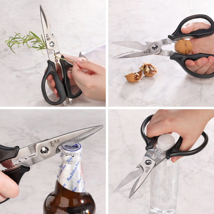 Black-handled kitchen shears cutting herbs, cracking nuts, opening a bottle, and trimming a plastic seal.