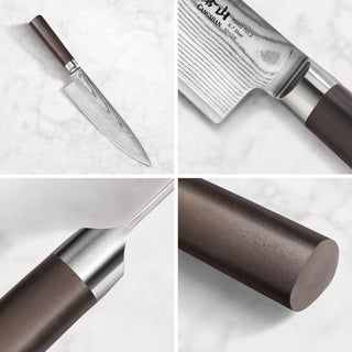 
                    
                      Chef knife with patterned Damascus steel blade and dark wooden handle shown from multiple close-up angles.
                    
                  