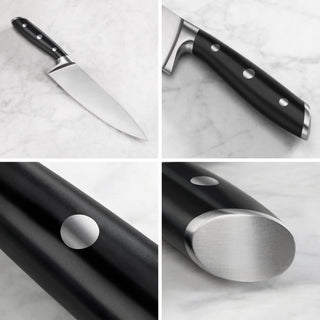 
                    
                      Chef knife with black handle featuring three rivets and a polished metal end cap on a marble surface.
                    
                  