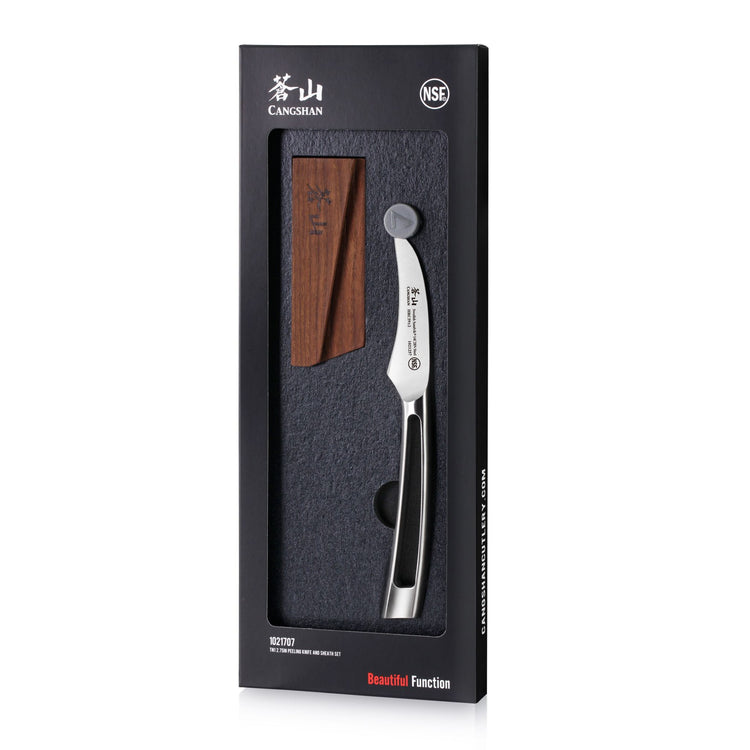 TN1 Series 2.75-inch peeling knife with curved stainless steel blade and black handle, with ash wood sheath in black packagin