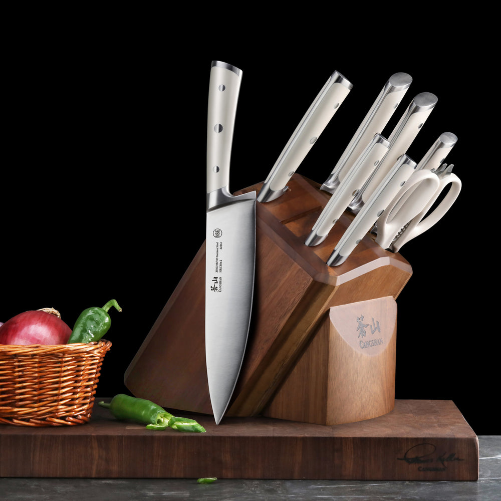 
                  
                    Load image into Gallery viewer, H1 Series 10-Piece Knife Block Set, Forged German Steel, Acacia Block, 1026153
                  
                