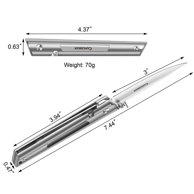 Folding knife with 3-inch blade and 4.37-inch handle, weighing 70g, shown open and closed with dimensions.