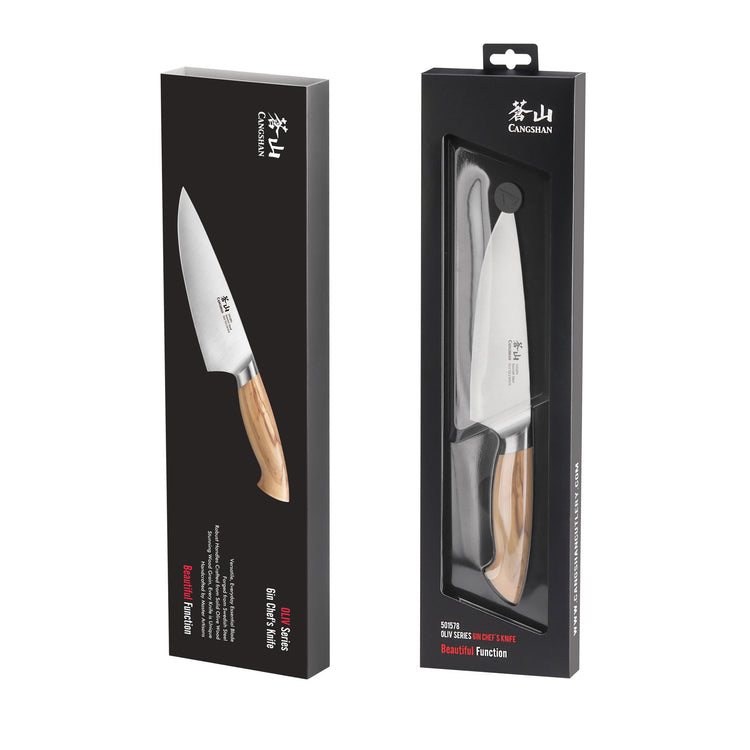 6-inch chef's knife with wooden handle displayed in black retail packaging from OLIV Series.