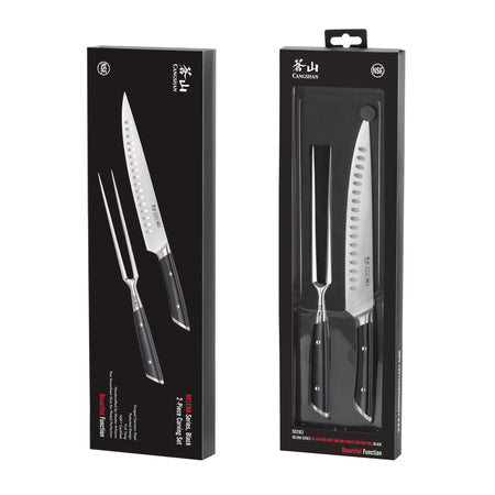 2-piece carving set with a carving knife and fork, black handles, displayed in black packaging.