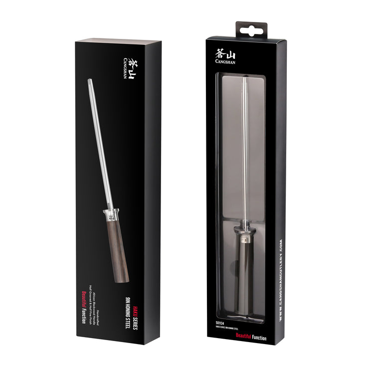 HAKU Series 9-inch honing steel with African Blackwood handle in black retail packaging.