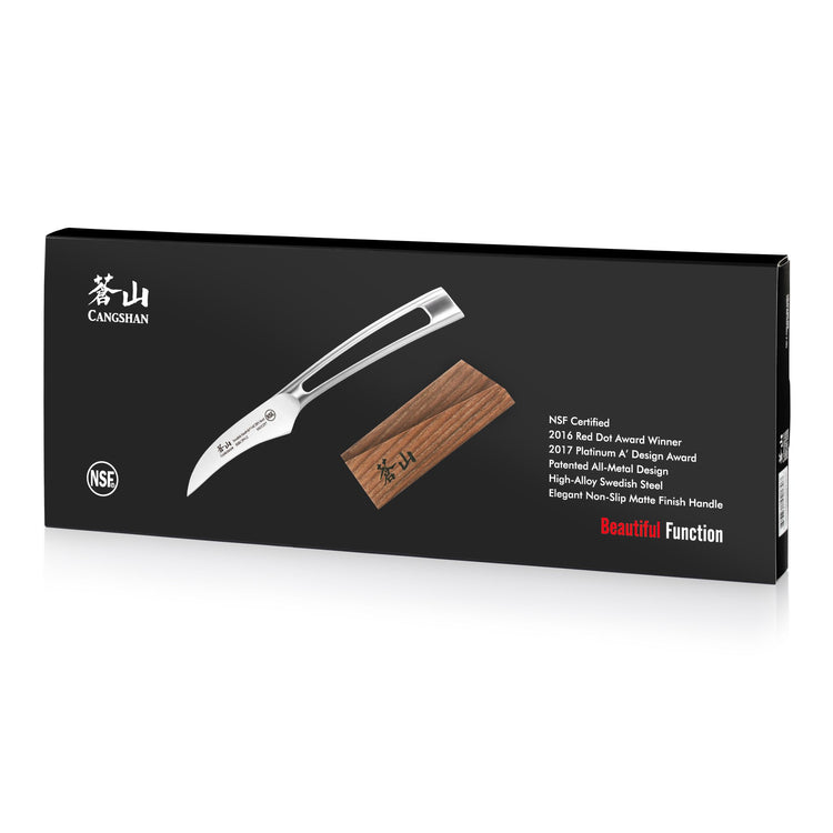 TN1 Series 2.75-inch peeling knife with stainless steel blade and ash wood sheath displayed on black packaging.