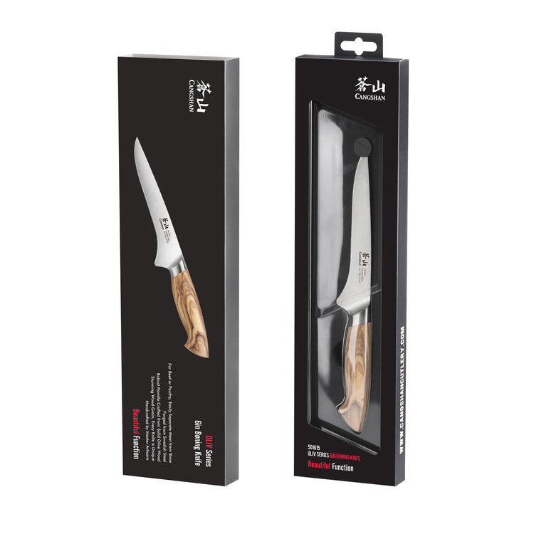 Boning knife with a curved stainless steel blade and olivewood handle, shown outside and inside black retail packaging.