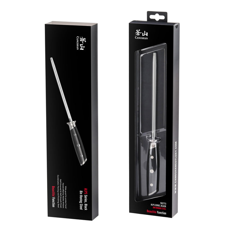 Black-handled 8-inch honing steel with metal rod, shown outside and inside black retail packaging.
