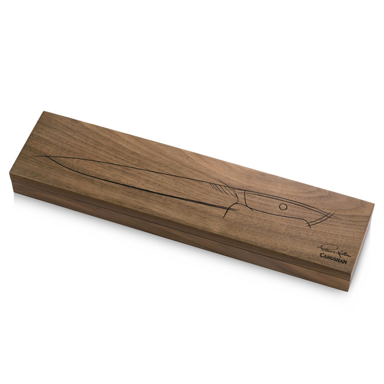 Rectangular wooden box with engraved outline of a carving knife on the lid, featuring a handle and blade design.