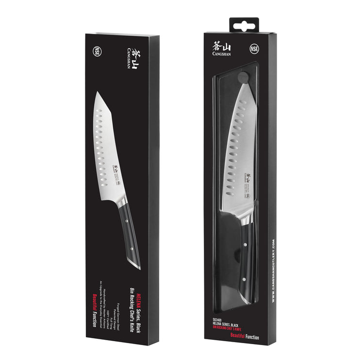 Two black rectangular boxes each containing an 8-inch chef's knife with a black handle and a blade with dimples.