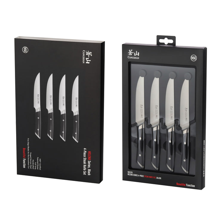 Four steak knives with black handles and stainless steel blades displayed in black packaging with clear front panel.