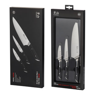 
                    
                      Three-piece knife set with black handles and stainless steel blades displayed in black packaging.
                    
                  