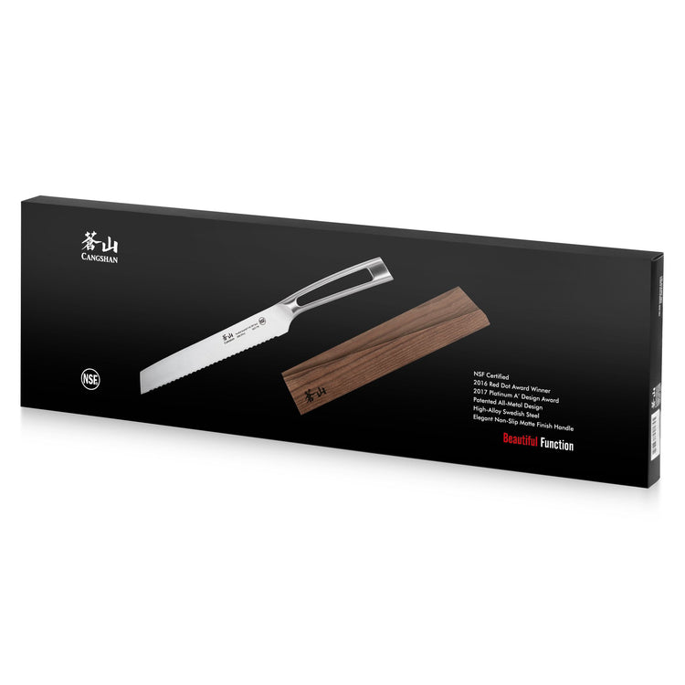 8-inch bread knife with a stainless steel blade and a wooden sheath, displayed on black packaging.
